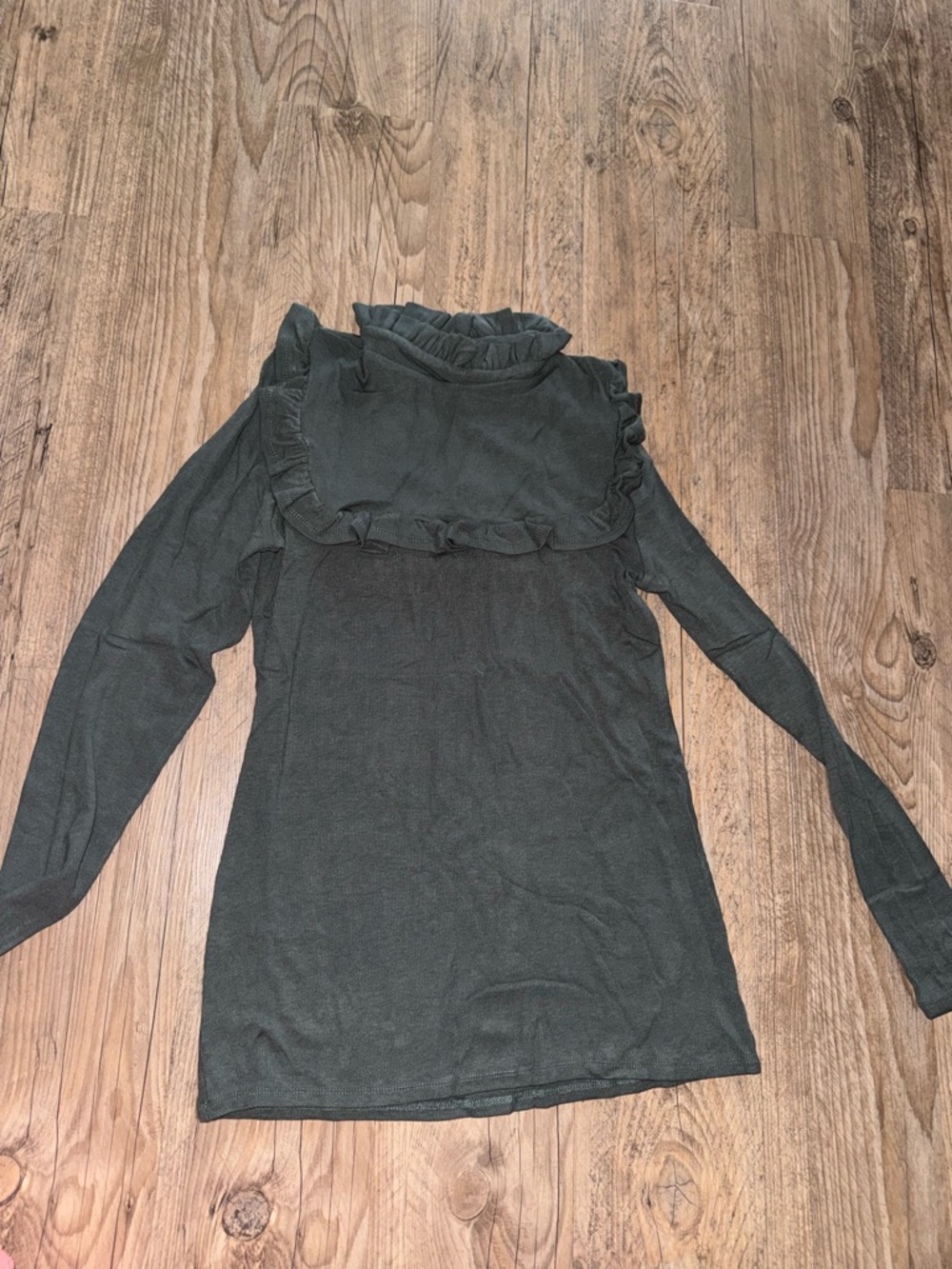 Ruffled High-Neck Long Sleeve Top - Olive Green